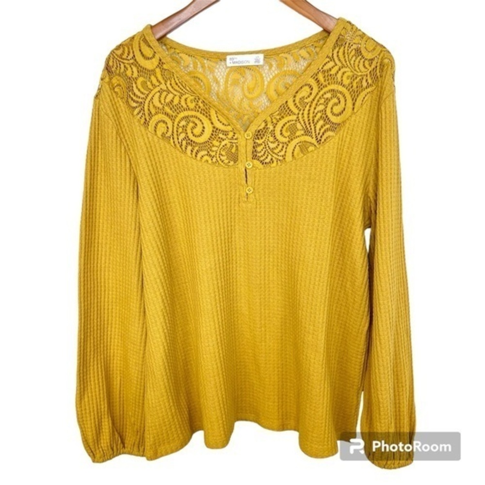 2/$25 NWT 89th & Madison Yellow Lace Waffle Knit Stretch Casual Shirt Size Large